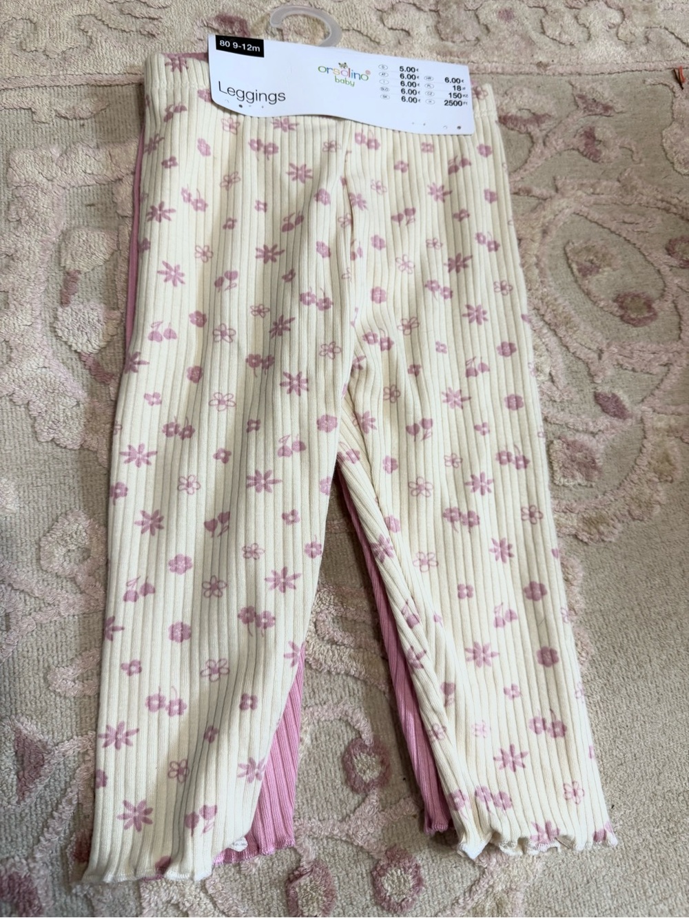 Baby/Toddler Ribbed Floral Leggings - Cream with Pink Flowers